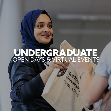 Image: Event Rep handing a visitor a Northumbria University tote bage. Text: "Undergraduate Open Days and Virtual Events"