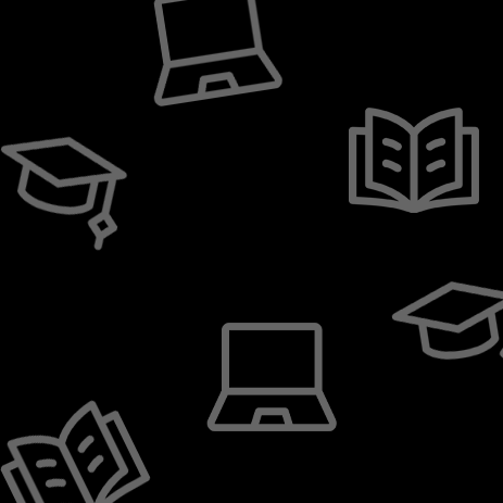 Laptop, book and university cap icons repeated in a pattern.