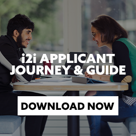 Two students on campus with text embedded reading 'i2i applicant journey and guide' with CTA reading 'download now'