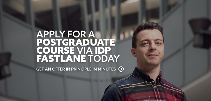 Male student, smiling, looking directly at the camera. There is text embedded on the image that reads: "Apply for a Postgraduate course via IDP FastLane today"