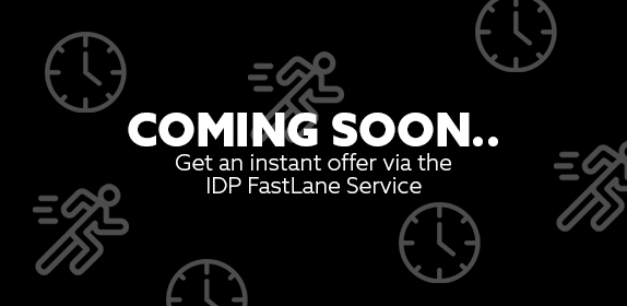 White text embedded on a black background. The text reads: "Coming soon.. Get an instant offer via the IDP FastLane Service"