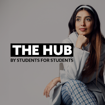 Close-up of a student from the 'I Am Northumbria' campaign - she is resting her head on her hand. There is text embedded on the image that reads: "The Hub - By Students For Students"