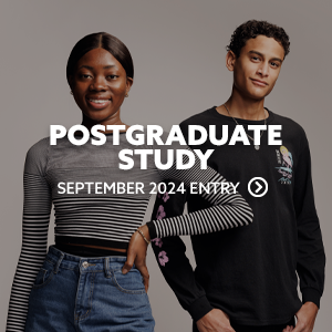 Female and male identifying students stood, smiling. They are looking directly at the camera. There is text embedded on the image that reads: "Postgraduate Study - September 2024"