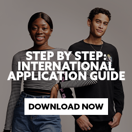 Two DCC students with text embedded that reads: 'Step by Step: International Application Guide' and with a button with text embedded that reads: 'Download Now'