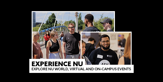 Two images taken of student reps and prospective students at a Newcastle Campus Open Day, displayed in a postcard style against a black background. There is text embedded on the image, reading :"Experience NU - Explore NU World, Virtual & On-Campus Events"