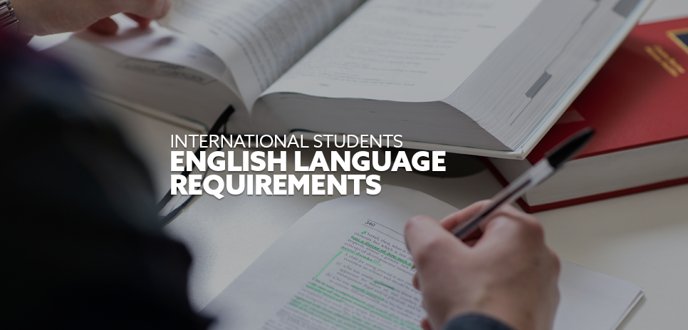 Image: student studying. Text: "English Language requirements for international students"