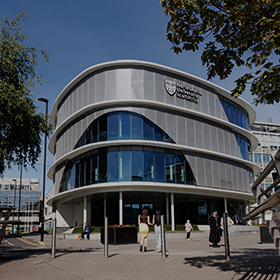 Worms-eye view of the Computer Information Sciences building at the Newcastle City Campus