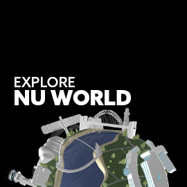 Black background and NU World Globe. Text embedded reads: Explore NU World