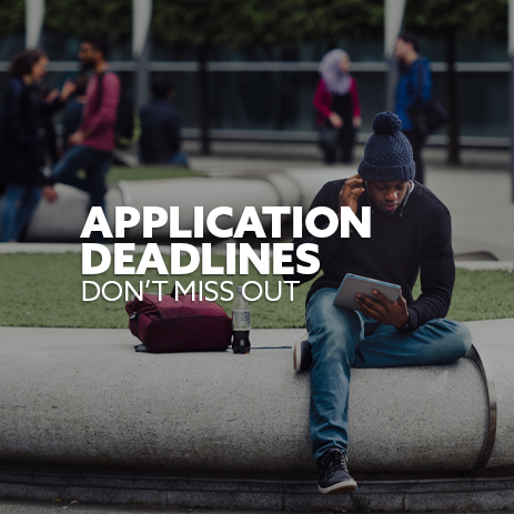 Image: student sat outside, using a tablet. Text: "Application deadlines"