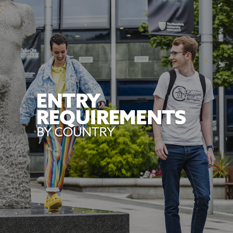 Image: two students walking through campus. Text: "Entry requirements by country"