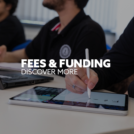 Image: student using an electronic pen on a tablet. Text: "Fees and funding - discover more"