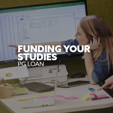 Image: student pointing at a screen. Text: "Funding your studies with the PG Loan"