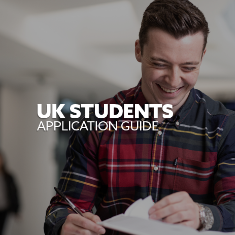 Image: student looking at a book, laughing. Text: "Application guide for UK students"