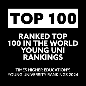 Text embedded on a black square. It reads: "Top 100 - Ranked top 100 in the world young uni rankings - Times Higher Young University Rankings, 2024"