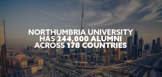 City Skyline with Text Embedded Reading: 'Northumbria University has 244,000 Alumni Across 178 Countries'