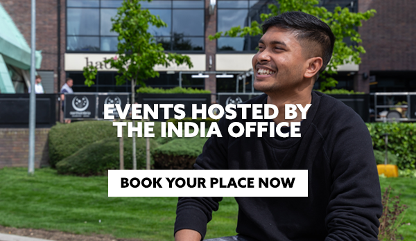 International student sat in the student quad. There is text embedded on the image that reads: "Events hosted by the India Office. Book your place now."