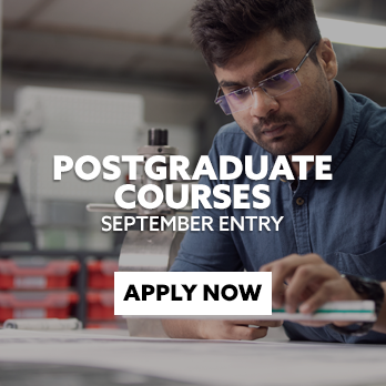 Close-up of an Indian student in an engineering workshop as part of their course. There is text embedded on the image that reads: "Postgraduate courses for September entry. Apply now."