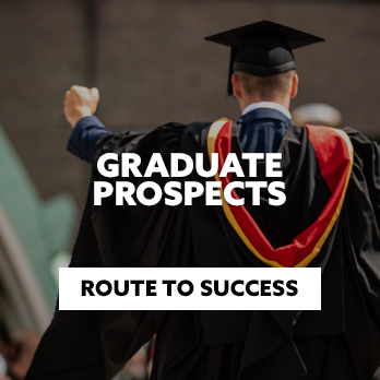 Back of a Northumbria student celebrating their graduation. They are in full cap and gowns. There is text embedded on the image that reads: "Graduate prospects. Route to success."