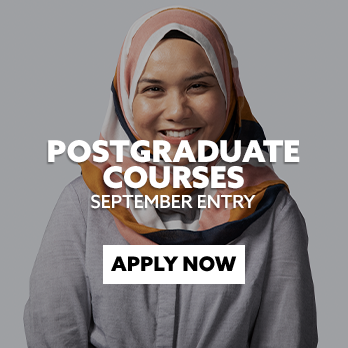 DCC Student with text embedded reading: 'Postgraduate Courses, September Entry, with CTA: Apply Now'