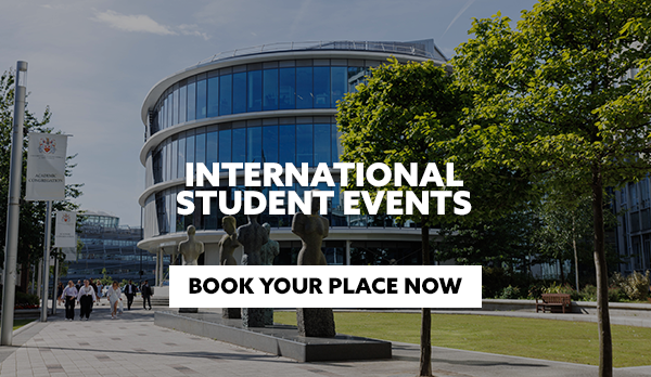 City campus with text embedded reading: International Student Events. With CTA reading: Book Your Place Now