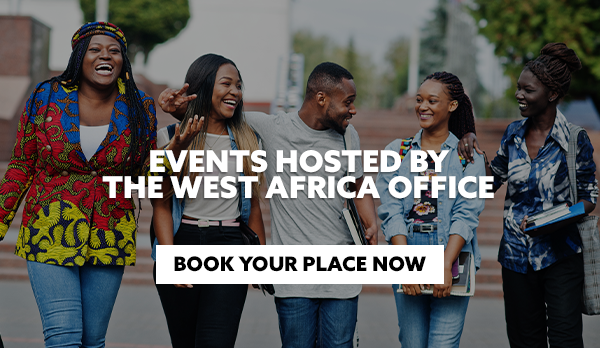 Stock image of five students on a campus with text embedded reading: Events Hosted By The West Africa Office. With CTA: Book Your Place Now.