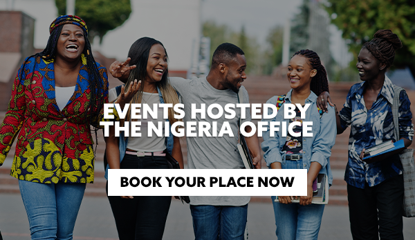 Stock image of five students walking across a campus with text embedded reading: Events Hosted By The Nigeria Office. CTA: Book Your Place Now