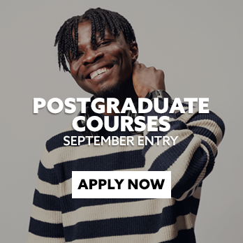 DCC Student with text embedded reading: Postgraduate Courses. September Entry. CTA: Apply Now