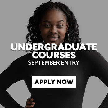 DCC Student with text embedded reading: Undergraduate Courses. September Entry. CTA: Apply Now