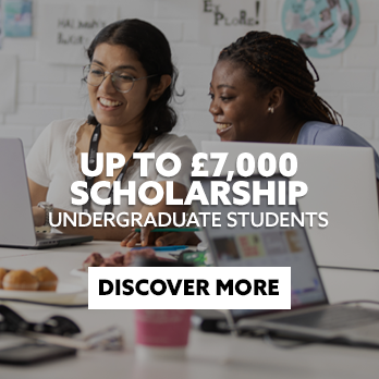 Two students working from laptop with text embedded reading: Up to £7,000 scholarship. Undergraduate Students. With CTA: Discover More