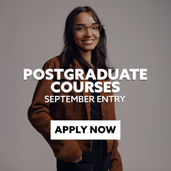 DCC Student with text embedded reading: 'Postgraduate Courses. September Entry. With CTA: Apply Now'