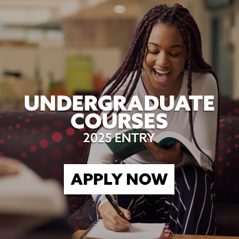 Female student laugh, making notes in a notebook. There is text embedded on the image that reads: 2025 Entry Undergraduate Courses - Apply now"