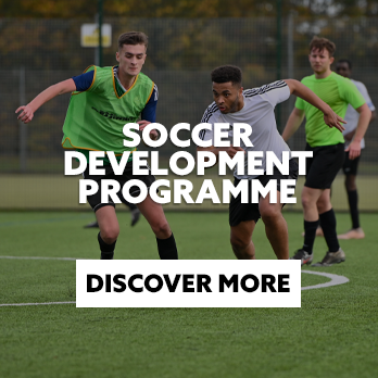 Three i2i-student athletes training. There is text embedded on the image that reads: "Soccer Development Programme. Discover more."