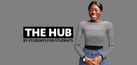 DCC Student with text embedded reading: The Hub By Students For Students