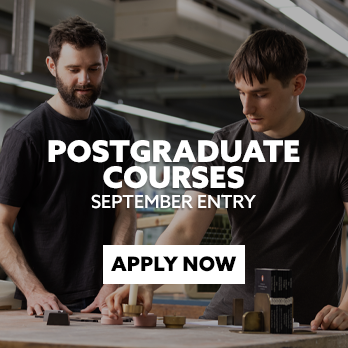 A lecturer and student looking at a design piece in a workshop. There is text embedded on the image that reads: "Postgraduate Courses for September Entry - apply now"