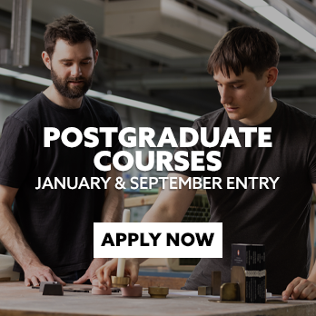 A lecturer and student looking at a design piece in a workshop. There is text embedded on the image that reads: "Postgraduate Courses for January and September entry - apply now"