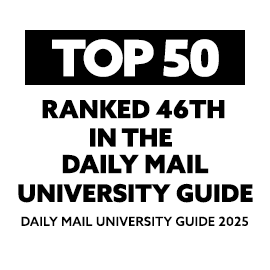 White background with text embedded reading: Top 50, Ranked 46th in the Daily Mail University Guide, Daily Mail University Guide 2025