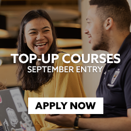 Two students in the library working from laptops. Text embedded reads: Top-up courses. September Entry. Apply Now