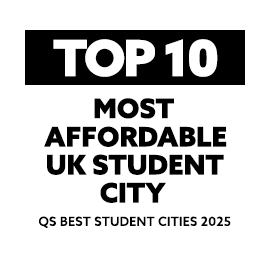 White back ground with black text reading: Top 10, Most Affordable UK Student City, QS Best Student Cities 2025