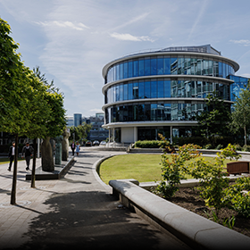 Exterior shot of the Computer and Information Sciences building on a sunny day.