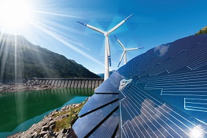 Image showing solar panels and wind turbines on a sunny day 