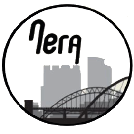 Black and white NERA logo with Tyne Bridge in background