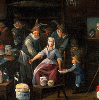 Caption: Operators letting blood from the arm of a woman in a room crowded with pharmacy jars. Credit: Heemskerck, Egbert van, 1634 or 1635–1704. Wellcome Collection 