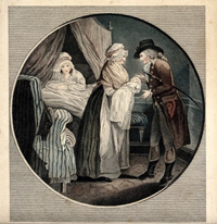 Caption: A mother in bed after having given birth; the midwife showing the baby to the father. Coloured stipple engraving, ca. 1800. Credit: Wellcome Collection. 