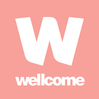 White Wellcome logo on pink background