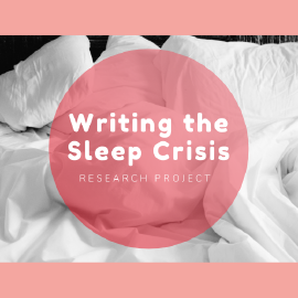 Image showing 'Writing the Sleep Crisis' pink logo with bedsheets in background