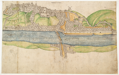 Caption: View of Newcastle upon Tyne, 1545. Part of the Cotton Manuscripts Collection. Credit: The British Library. Shelfmark: Cotton MS Augustus I ii 4