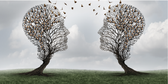 Abstract image showing two trees in the shape of heads with birds inbetween
