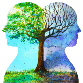 Abstract image showing two head silhouettes with a tree in the middle, one half with leaves and the other without