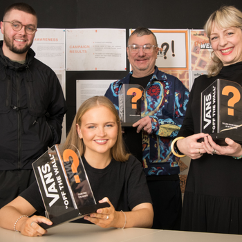 Caption: Cameron Poole, Olivia Mackinnon, Christopher Hodge and Gayle Cantrell with the three awards won by Northumbria University.