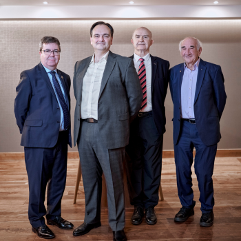 Caption: L- R: Professor Andy Long, Professor Sterghios Moschos, Dr Huw Edwards and Professor Sir Peter J. Barnes (Photo credit: PulmoBioMed)